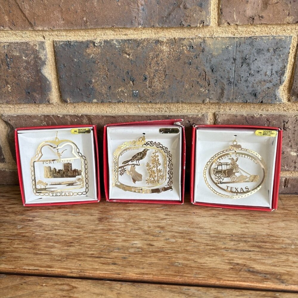 Nation’s Treasures 24k Gold Over Brass Texas Christmas Ornament Lot Of 3
